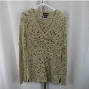 Eddie Bauer Small Tan Khaki Color Open Knit Crocheted Long Sleeve V Neck Gold